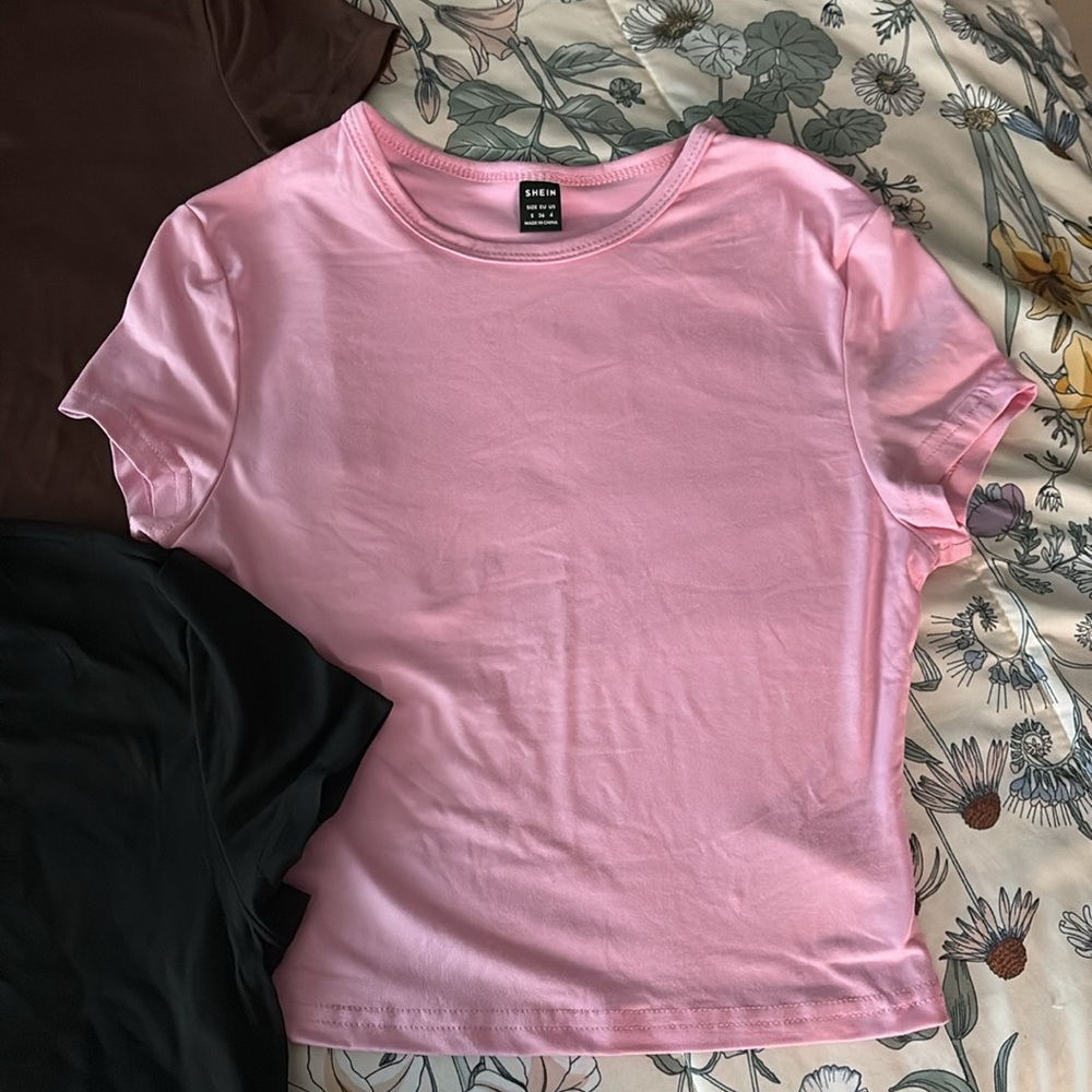 SHEIN Fitted Crop Tee Black Brown Pink - Picture 3 of 4